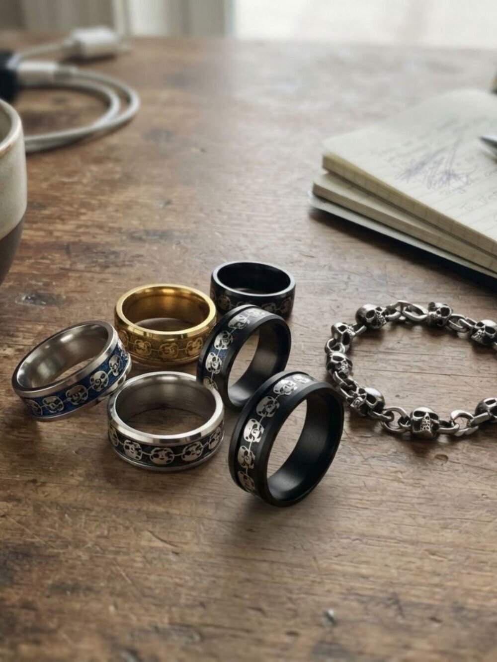 Mens stainless steel skull bracelet rings set gothic hip hop